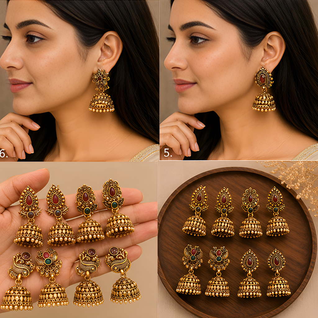 6 Pairs Antique Golden Temple Jhumka Earrings Combo