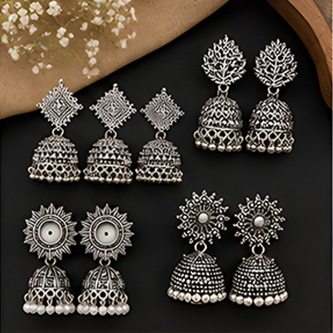 4 Pairs Oxidized Traditional Jhumka Earrings Combo