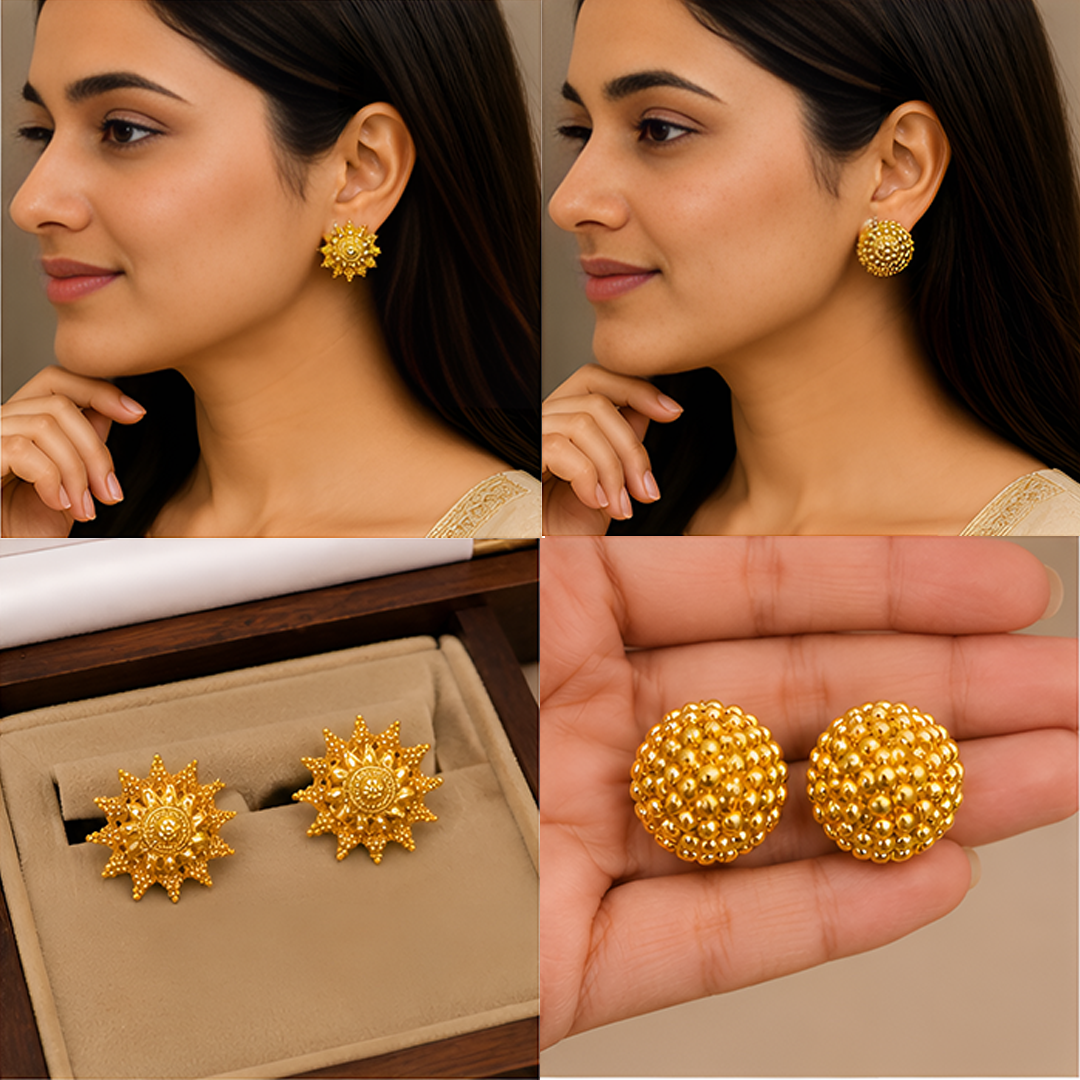 2 Pairs Gold Plated Designer Stud & Ball Earring Combo