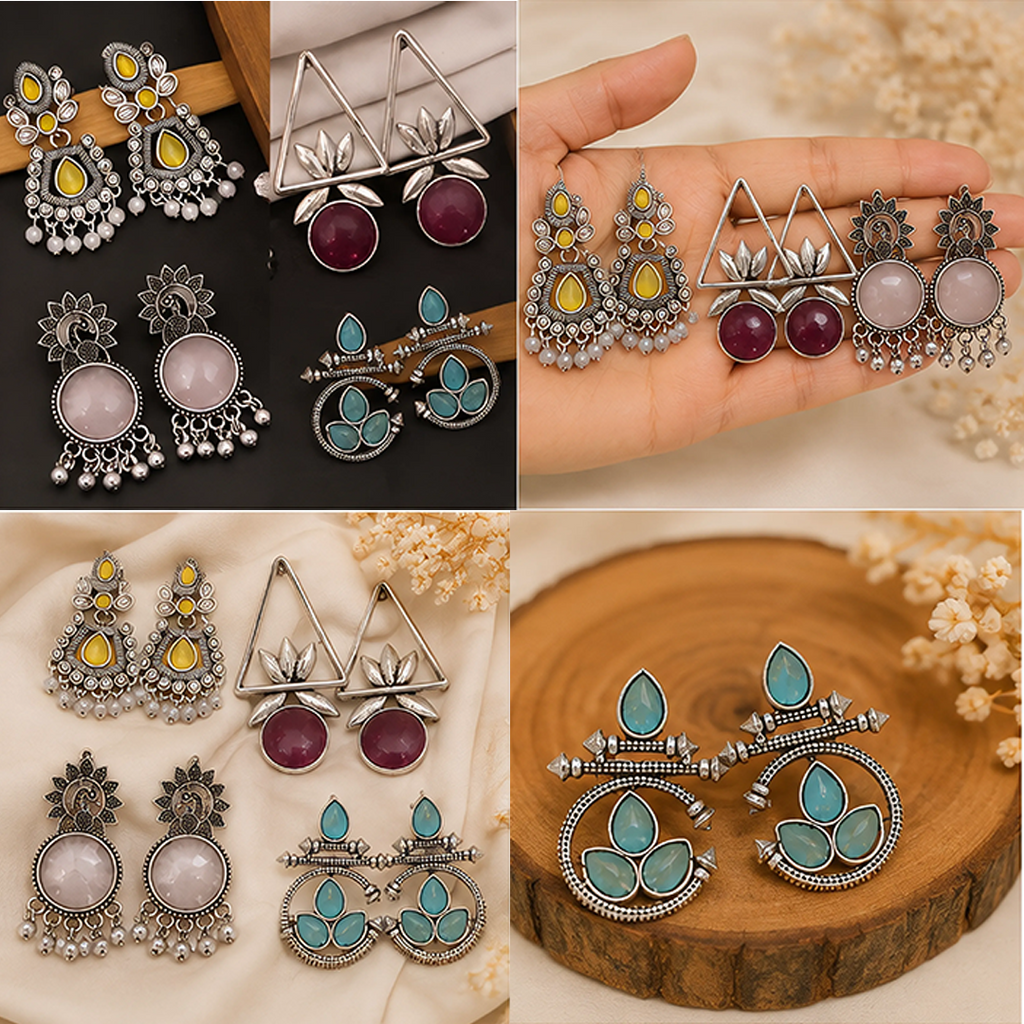 4 Pairs Designer Oxidised Silver Earring Combo