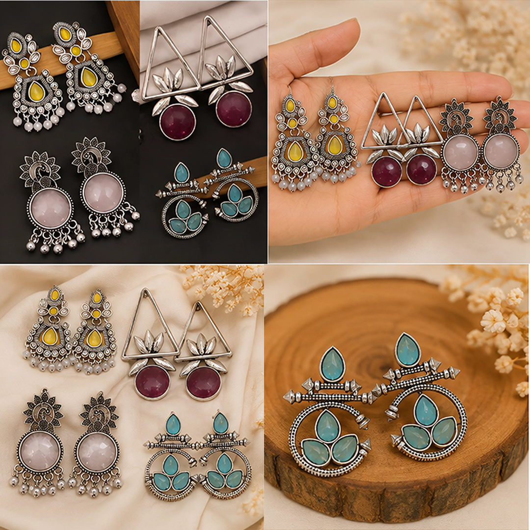 4 Pairs Designer Oxidised Silver Earring Combo