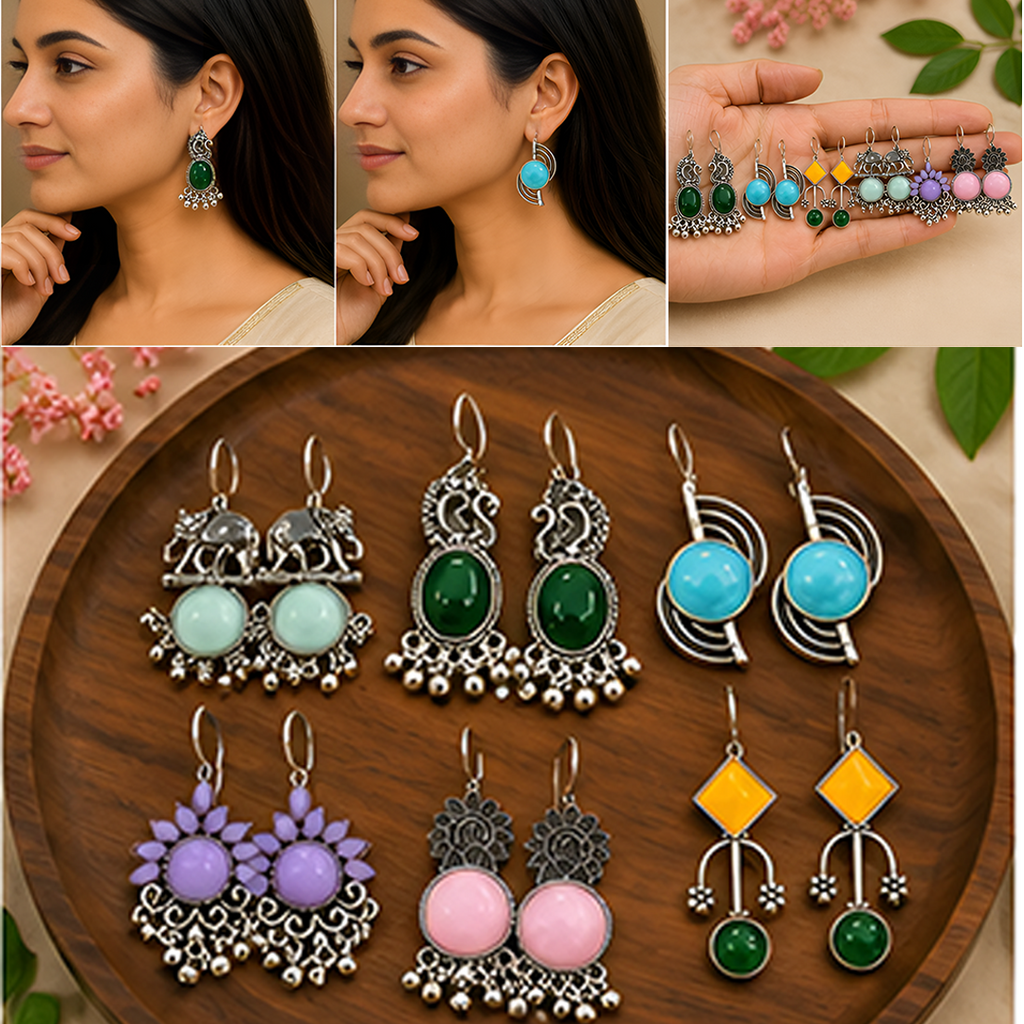6 Pairs Traditional Silver Jhumki & Drop Earring Set