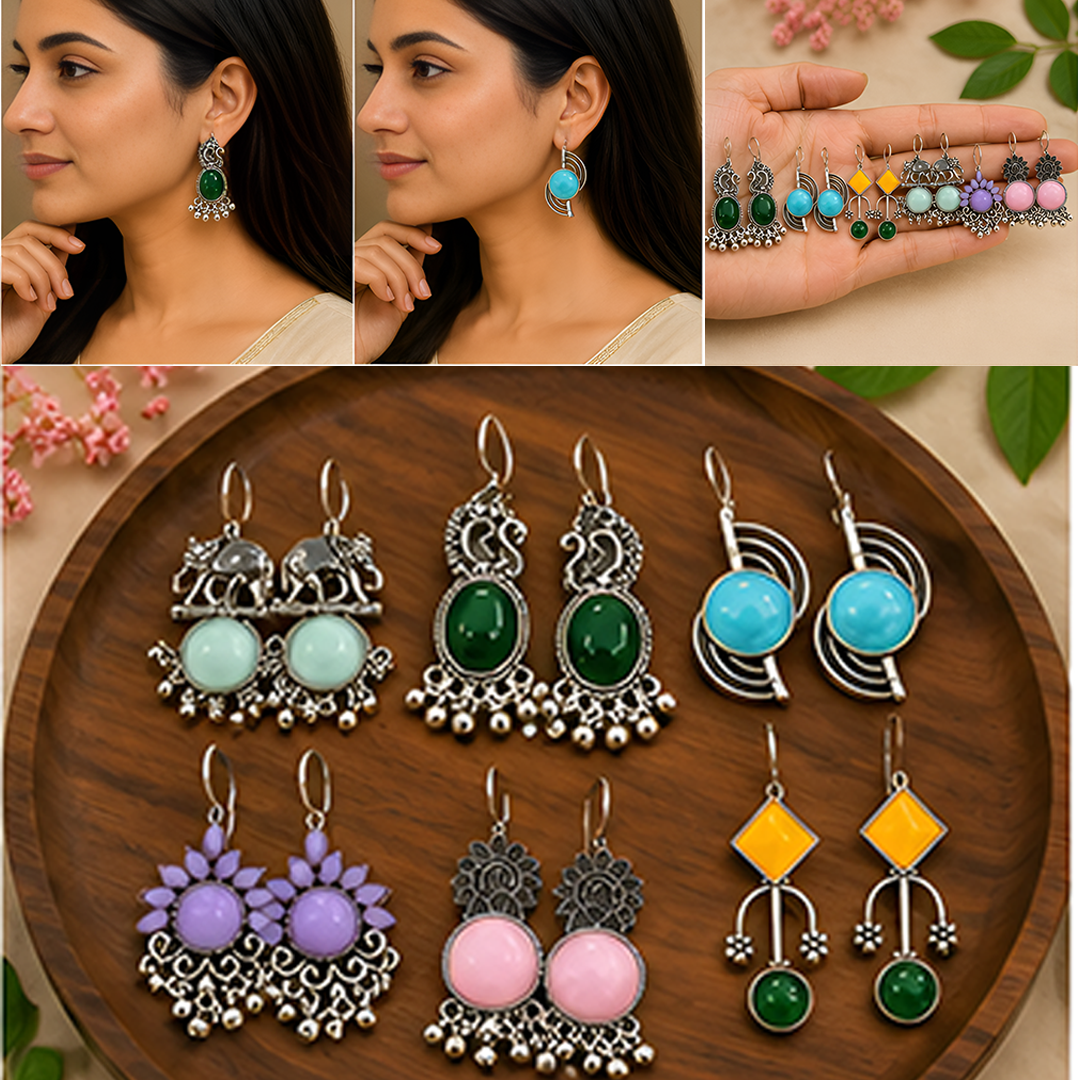 6 Pairs Traditional Silver Jhumki & Drop Earring Set
