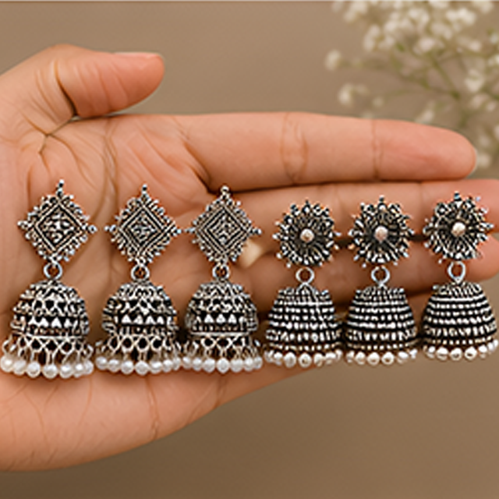 4 Pairs Oxidized Traditional Jhumka Earrings Combo