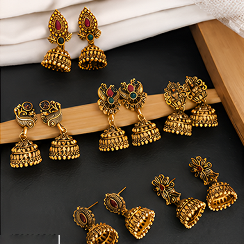 6 Pairs Antique Golden Temple Jhumka Earrings Combo