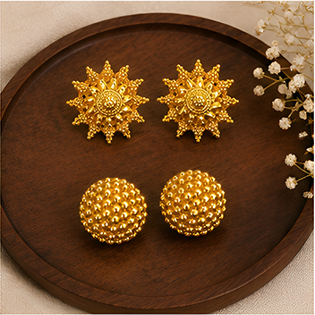 2 Pairs Gold Plated Designer Stud & Ball Earring Combo